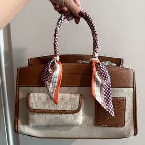 Brown and Cream Satchel with Scarf Accents
